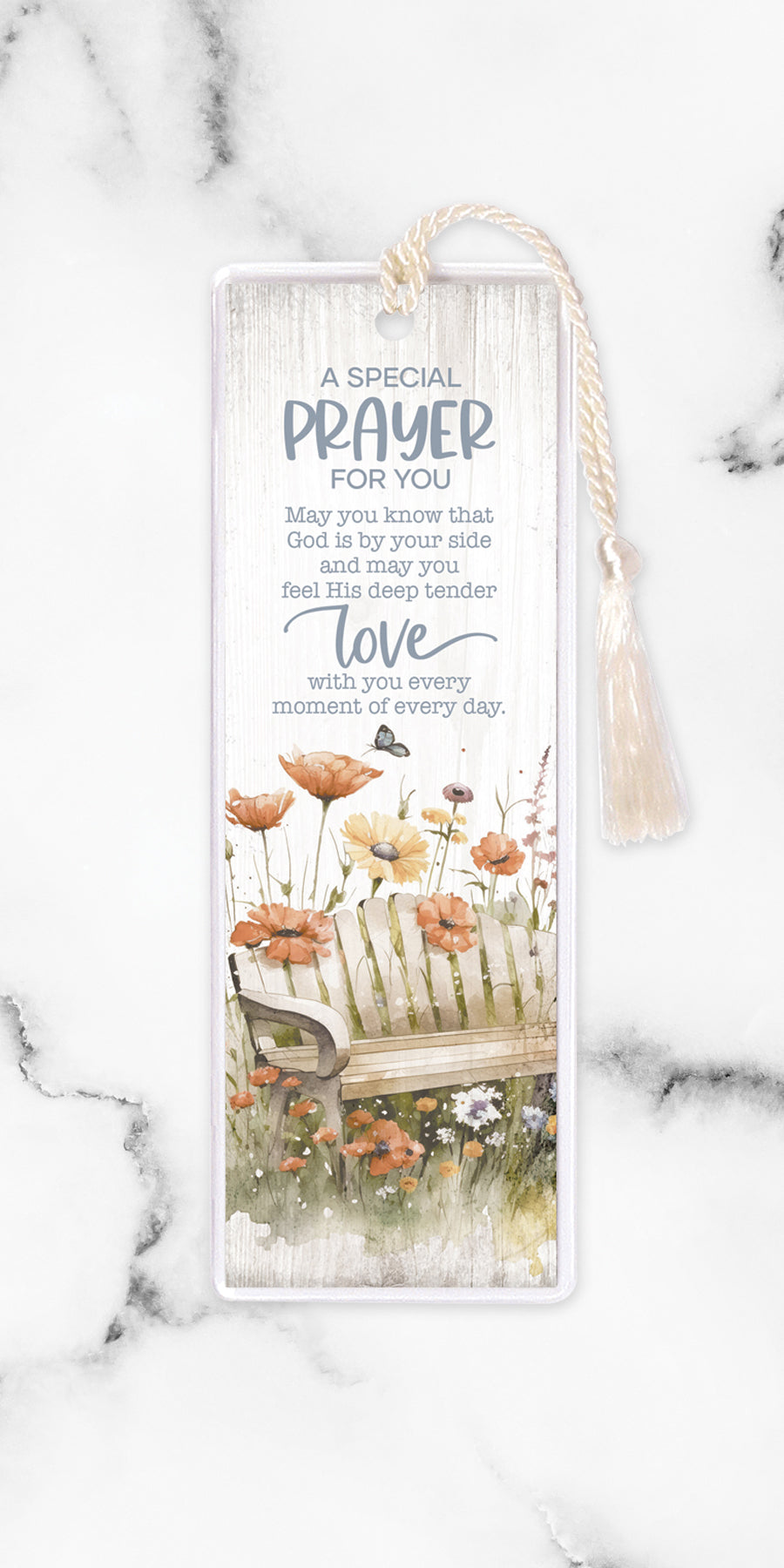 An elegant double-sided bookmark, A Special Prayer for You, is protected by a clear vinyl sleeve and finished with a tassel.