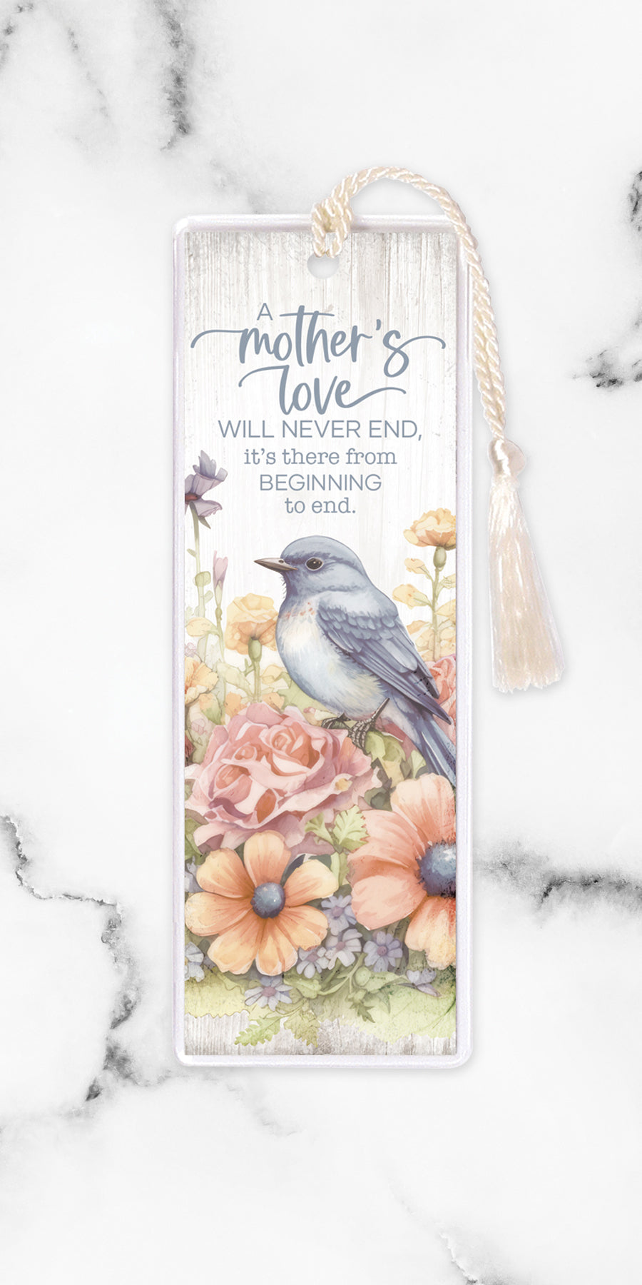 An elegant double-sided bookmark, A Mother's Love, is protected by a clear vinyl sleeve and finished with a tassel.