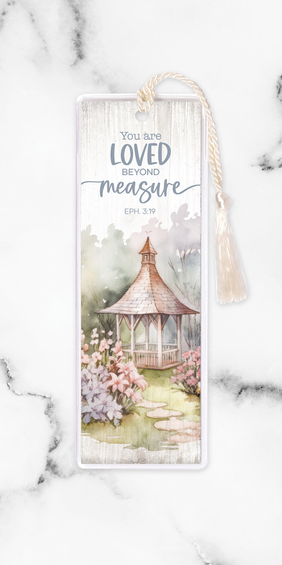 An elegant double-sided bookmark, You Are Loved, is protected by a clear vinyl sleeve and finished with a tassel.