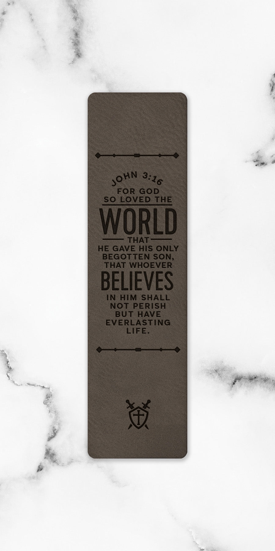 For God So Loved the World Leatherette Bookmark with a masculine design and laser-engraved inspirational verse.