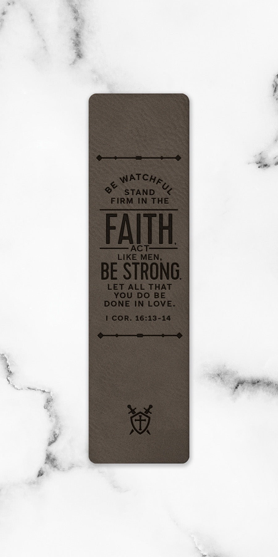 Be Watchful Stand Firm Leatherette Bookmark with a masculine design and laser-engraved inspirational verse.