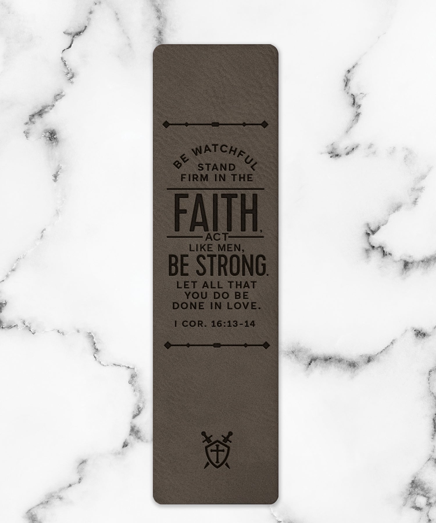 Be Watchful Stand Firm Leatherette Bookmark with a masculine design and laser-engraved inspirational verse.