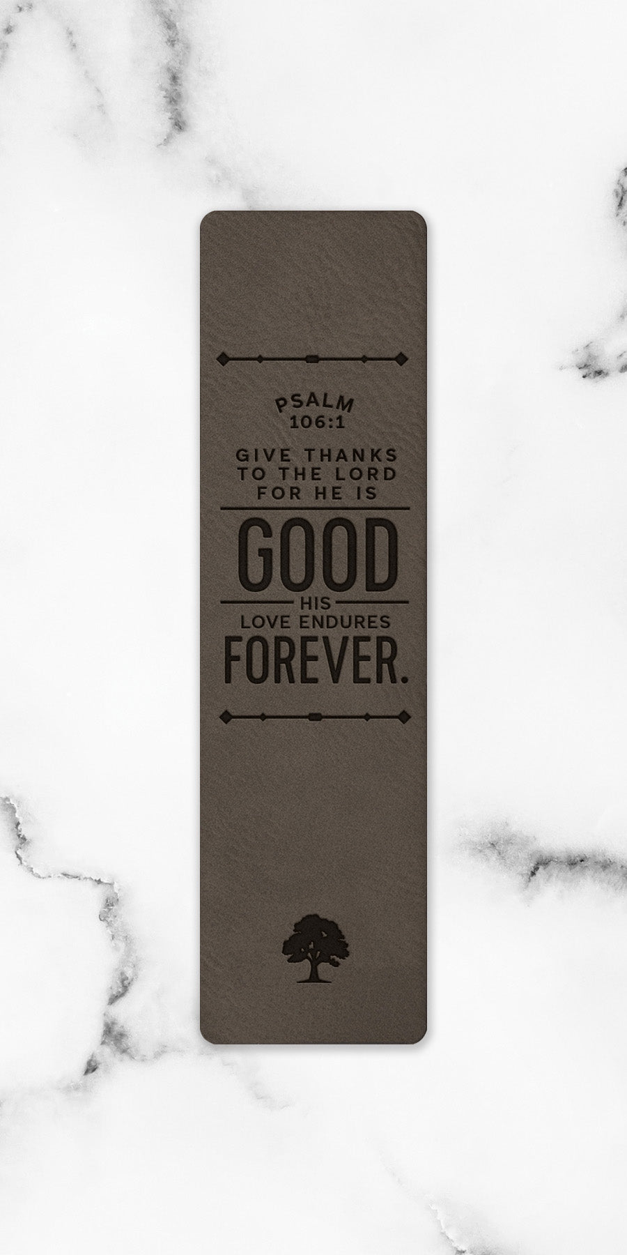 Give Thanks to the Lord Leatherette Bookmark with a masculine design and laser-engraved inspirational verse.
