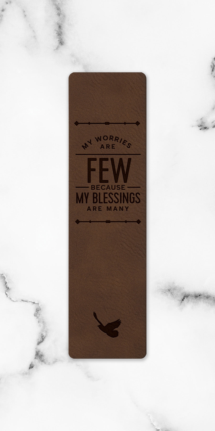 My Worries Are Few Leatherette Bookmark with a masculine design and laser-engraved inspirational verse.