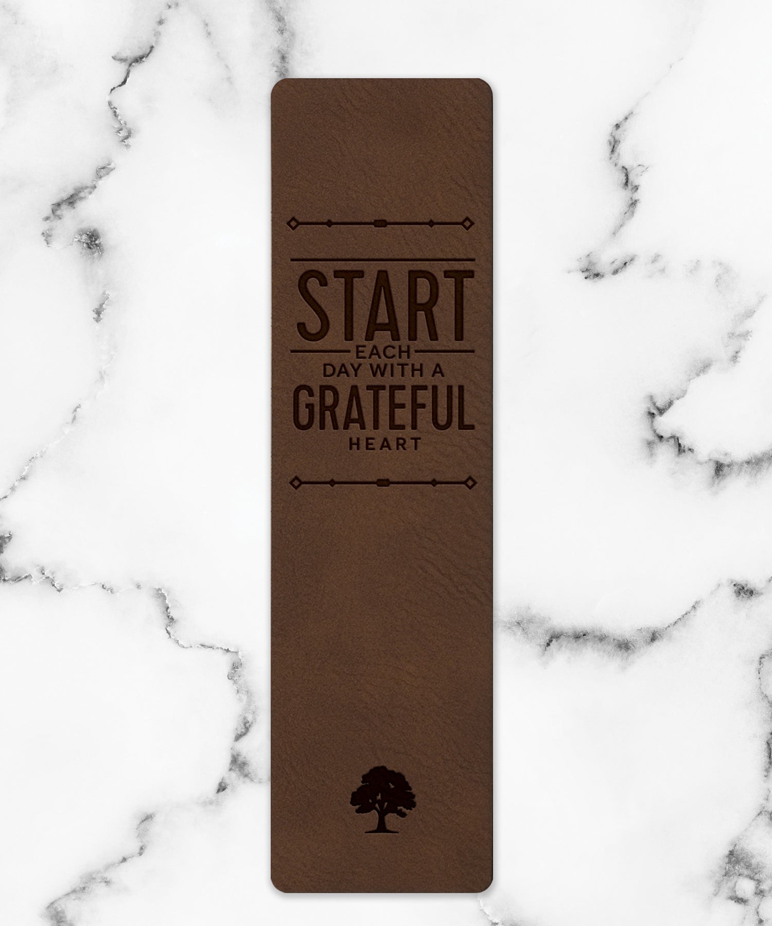 Start each day with a grateful heart leatherette bookmark with engraved message