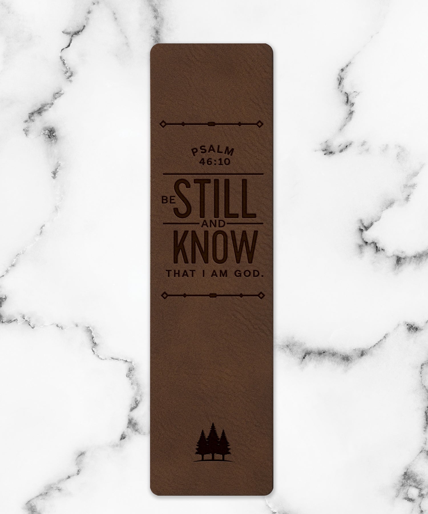 Be Still and Know Leatherette Bookmark with a masculine design and laser-engraved inspirational verse.