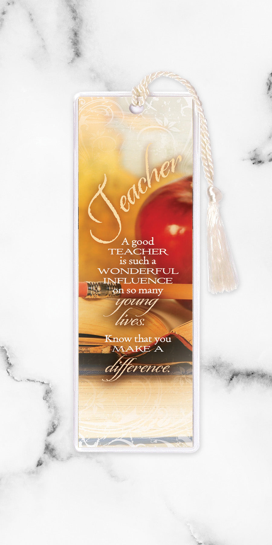 An elegant double-sided bookmark, Teacher, is protected by a clear vinyl sleeve and finished with a tassel.