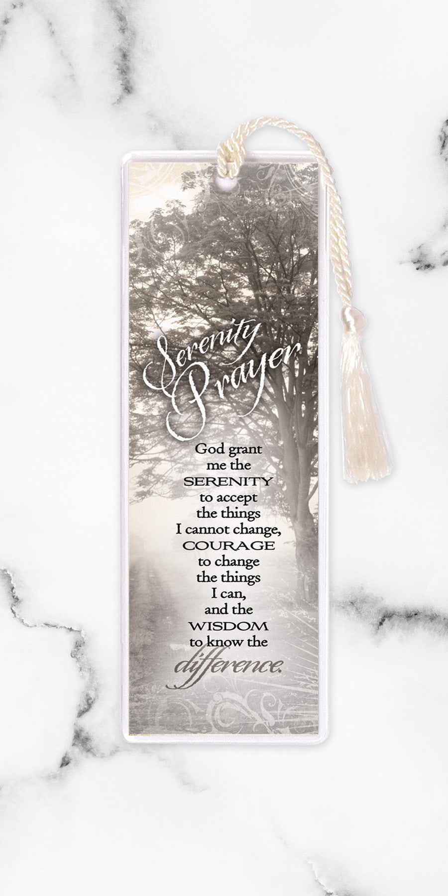 An elegant double-sided bookmark, Serenity Prayer, is protected by a clear vinyl sleeve and finished with a tassel.
