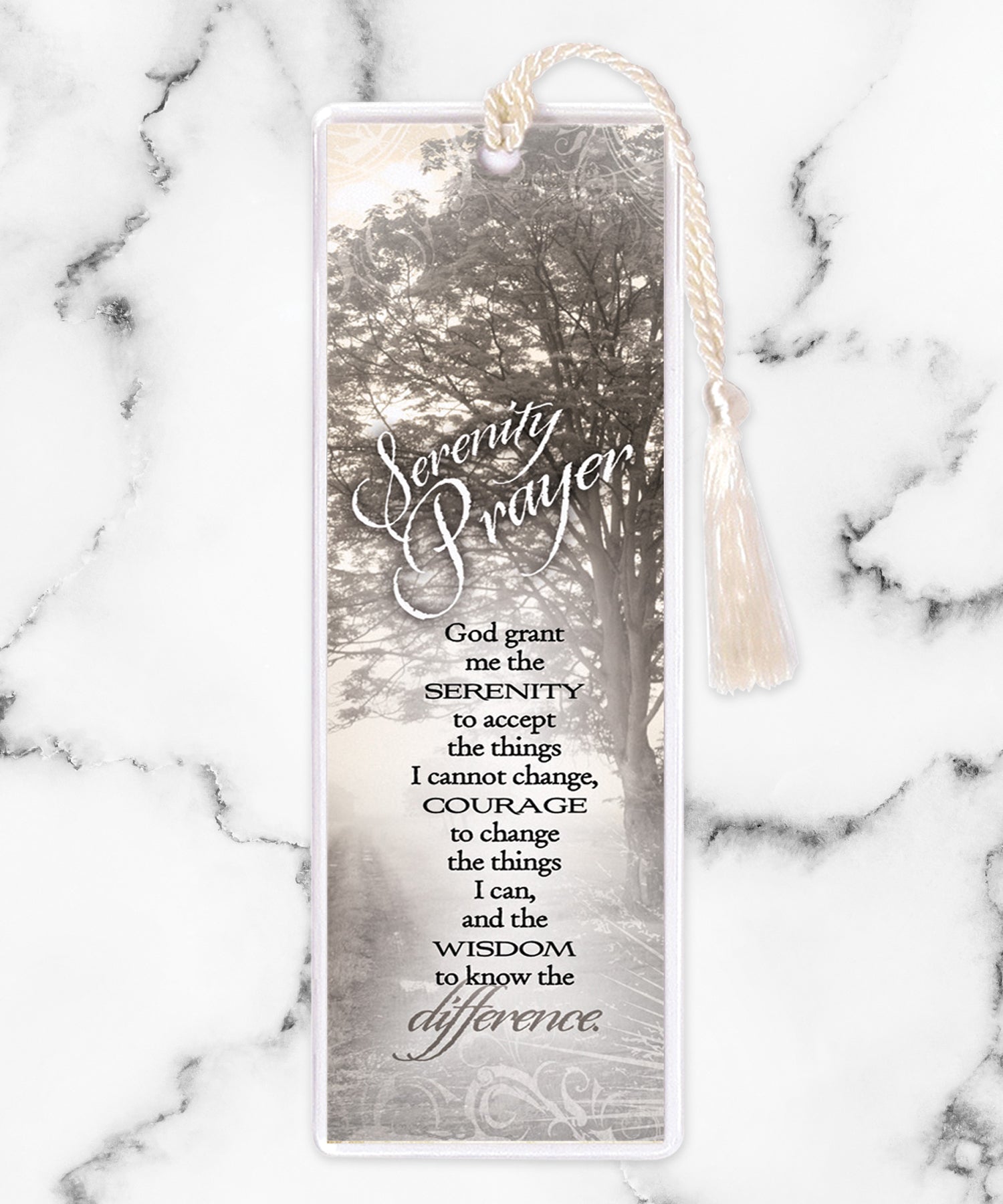 An elegant double-sided bookmark, Serenity Prayer, is protected by a clear vinyl sleeve and finished with a tassel.