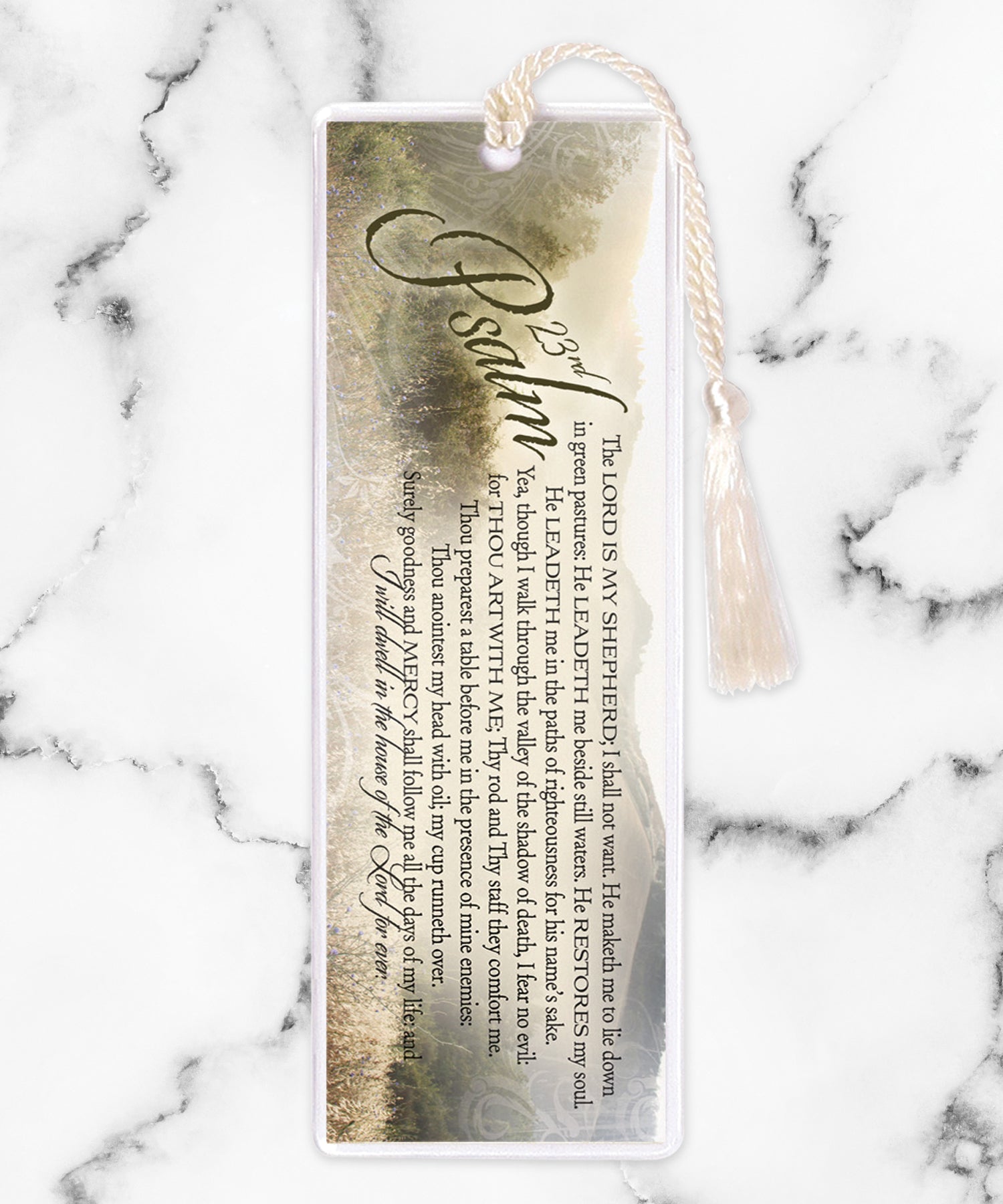 An elegant double-sided bookmark, Psalm 23, is protected by a clear vinyl sleeve and finished with a tassel.
