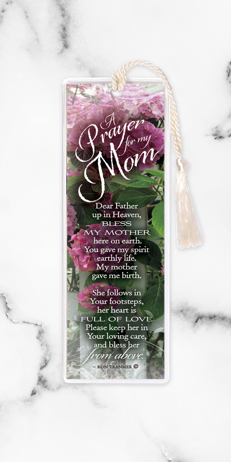 An elegant double-sided bookmark, Prayer for My Mom, is protected by a clear vinyl sleeve and finished with a tassel.