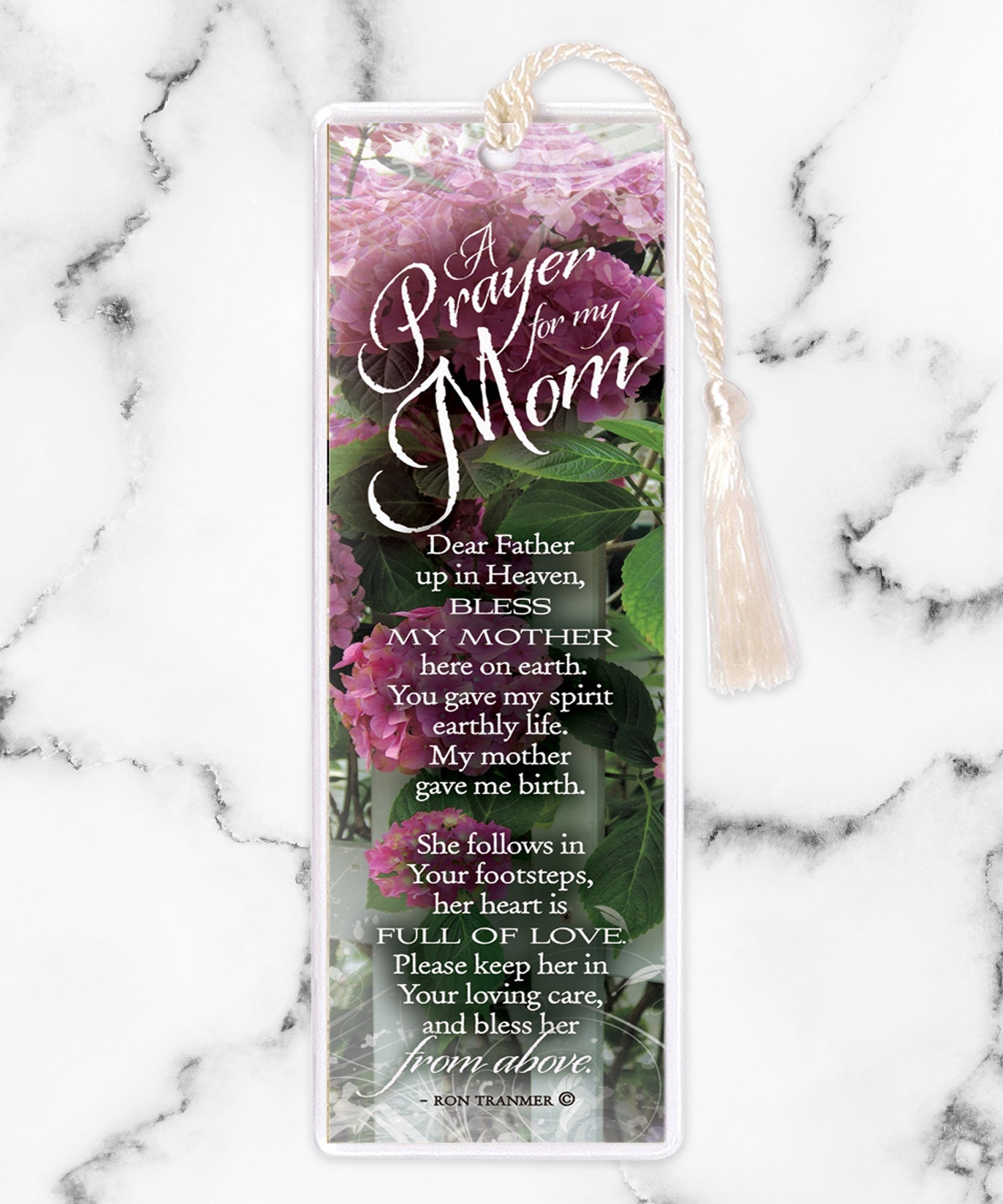 An elegant double-sided bookmark, Prayer for My Mom, is protected by a clear vinyl sleeve and finished with a tassel.