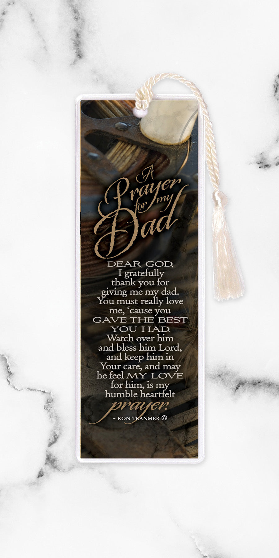 An elegant double-sided bookmark, Prayer for My Dad, is protected by a clear vinyl sleeve and finished with a tassel.