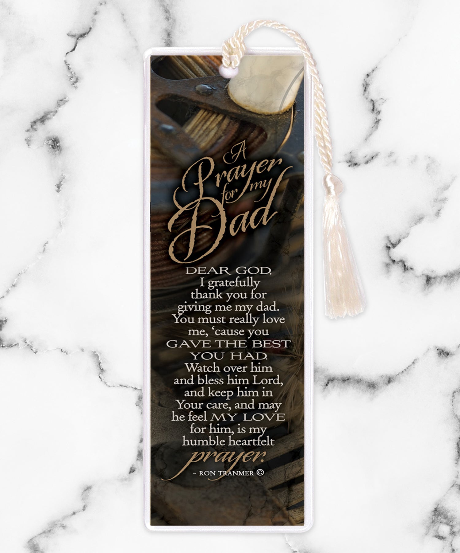 An elegant double-sided bookmark, Prayer for My Dad, is protected by a clear vinyl sleeve and finished with a tassel.