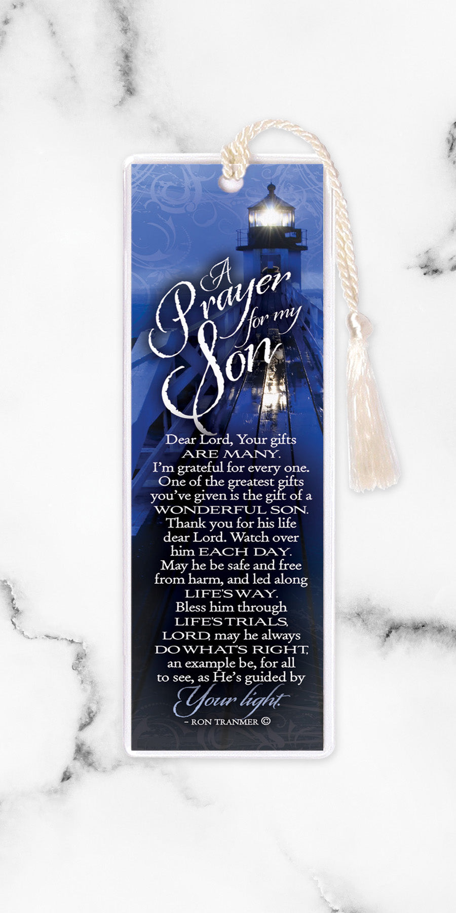 An elegant double-sided bookmark, Prayer for My Son, is protected by a clear vinyl sleeve and finished with a tassel.