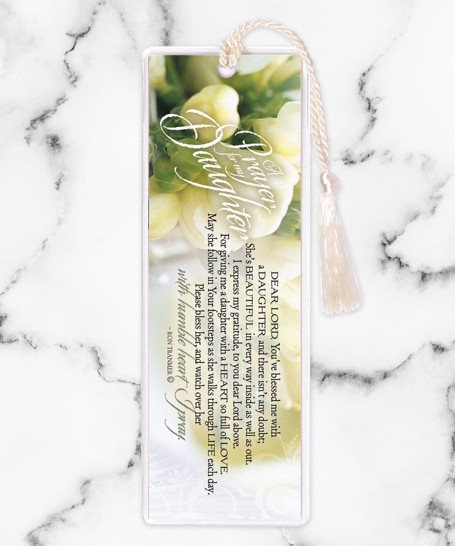 An elegant double-sided bookmark, Prayer for My Daughter, is protected by a clear vinyl sleeve and finished with a tassel.