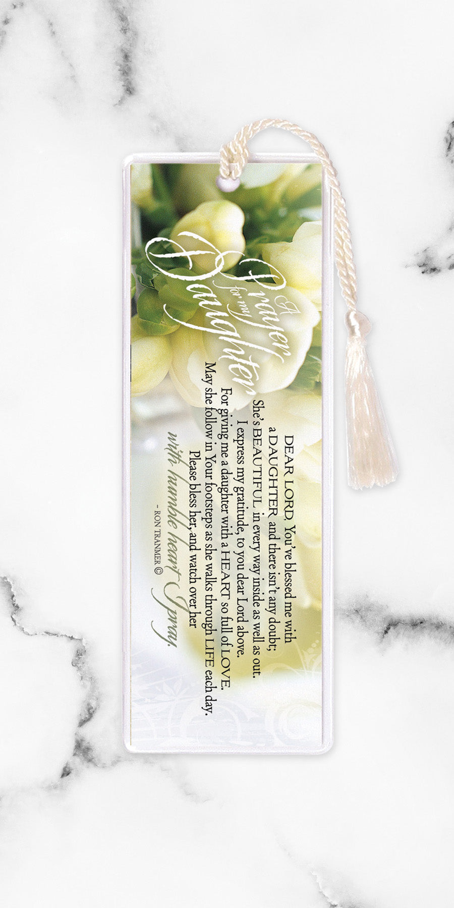 An elegant double-sided bookmark, Prayer for My Daughter, is protected by a clear vinyl sleeve and finished with a tassel.