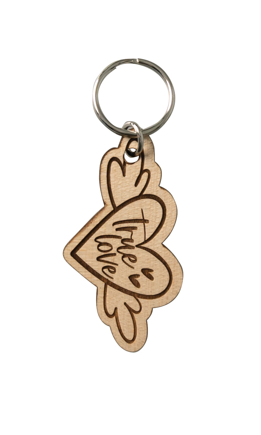 Natural maple wood keychains have a laser-cut shape and laser-engraved True Love inspirational verse.
