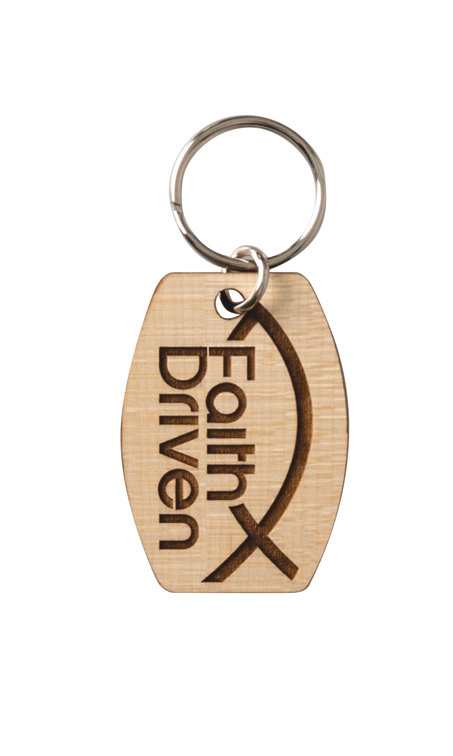 Natural maple wood keychains have a laser-cut shape and laser-engraved Faith Driven inspirational verse.