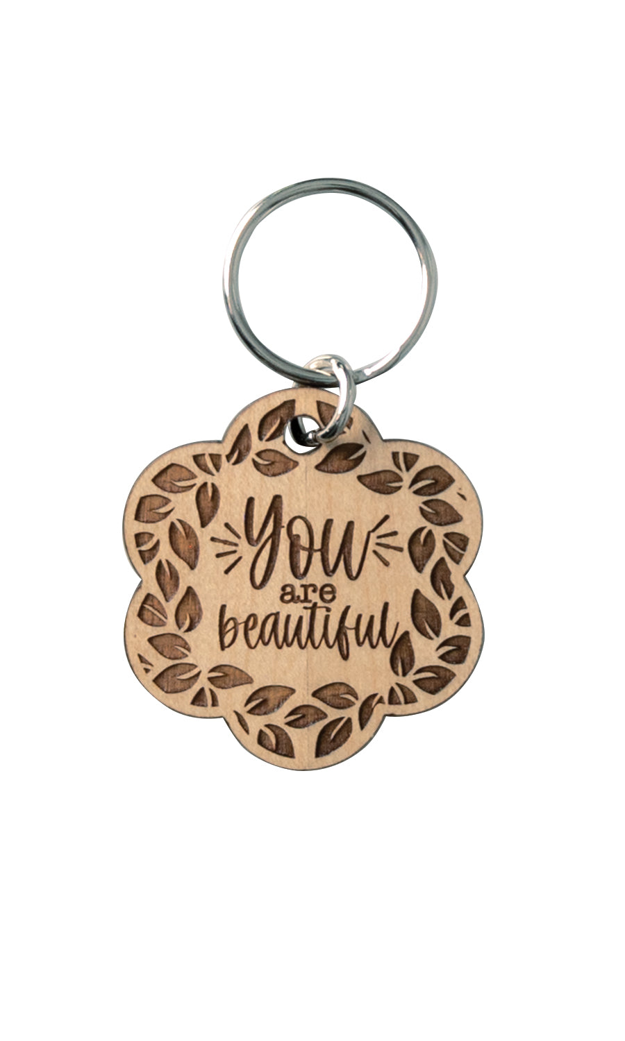 Natural maple wood keychains have a laser-cut shape and laser-engraved You Are Beautiful inspirational verse.