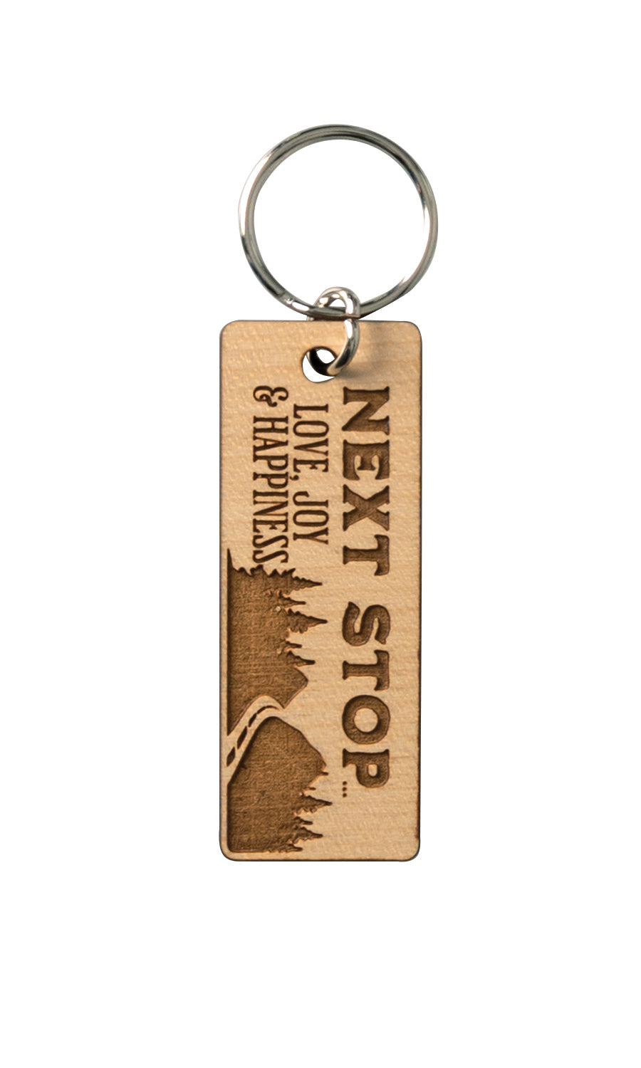 Natural maple wood keychains have a laser-cut shape and laser-engraved Next Stop inspirational verse.