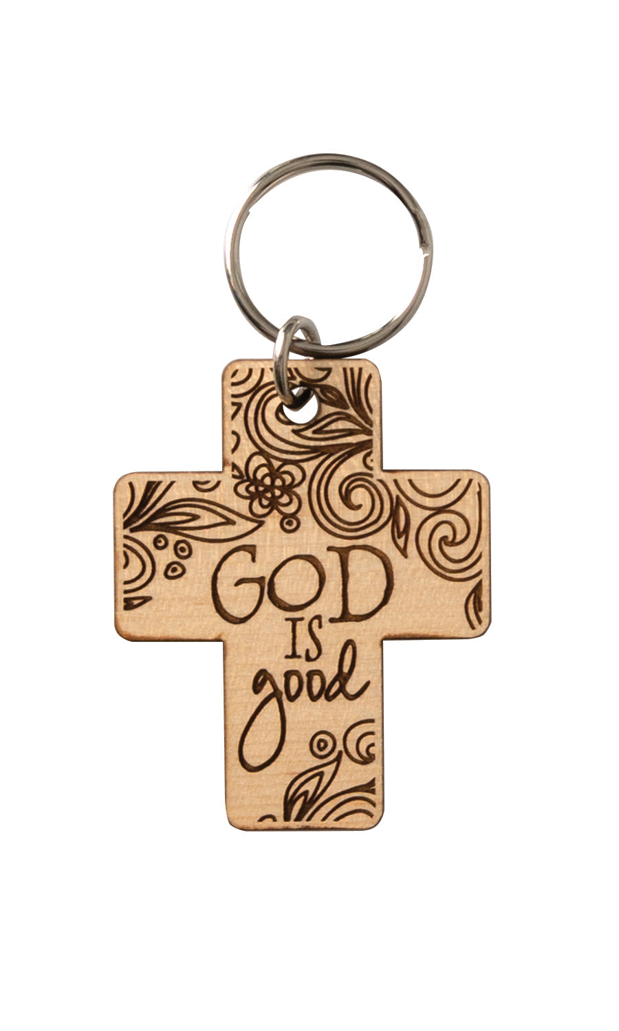 Natural maple wood keychains have a laser-cut shape and laser-engraved God is Good inspirational verse.
