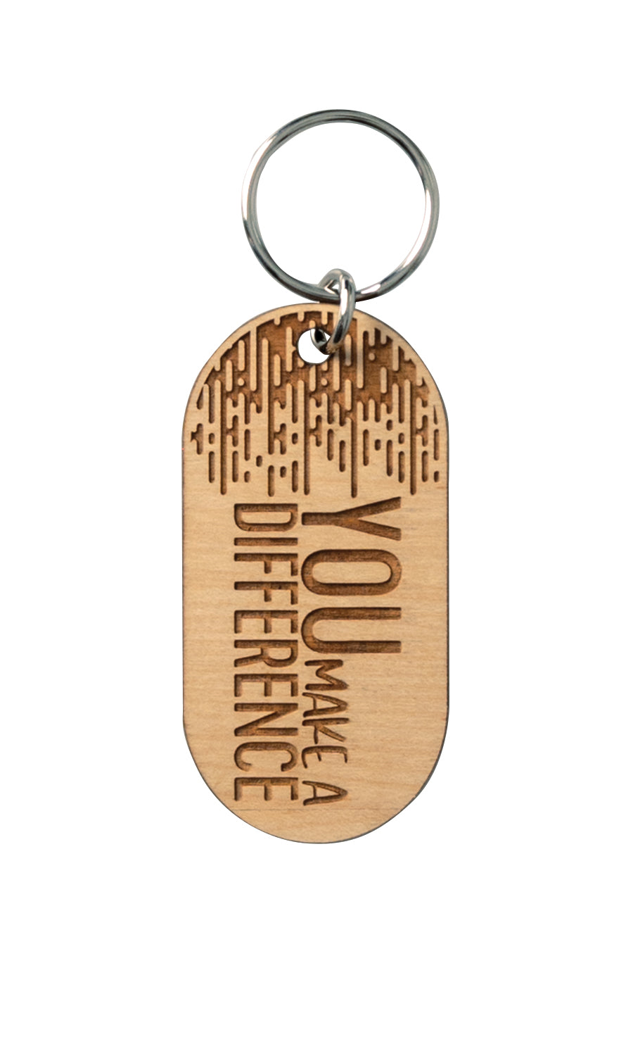 Natural maple wood keychains have a laser-cut shape and laser-engraved You Make a Difference inspirational verse.
