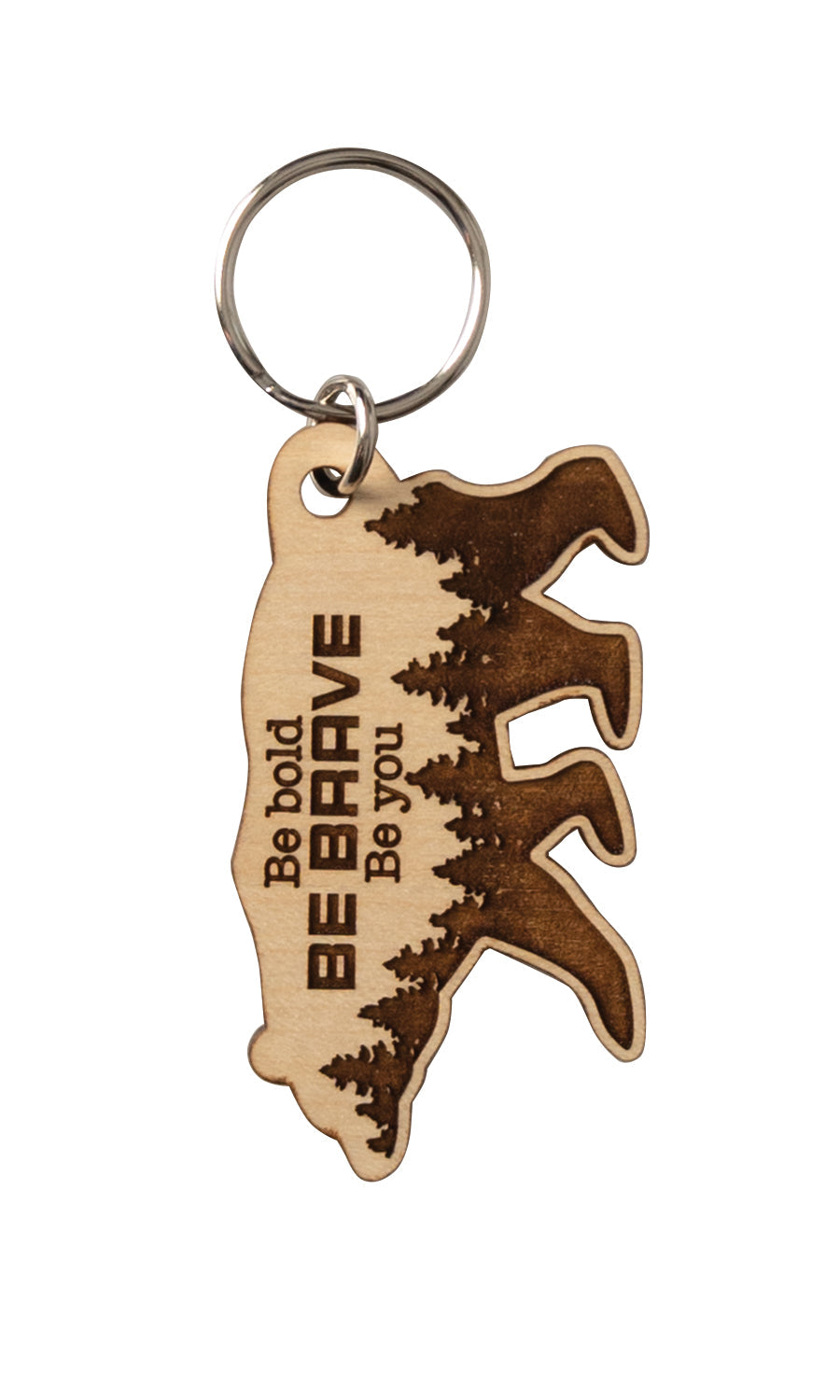 Natural maple wood keychains have a laser-cut shape and laser-engraved Be Bold Be Brave inspirational verse.
