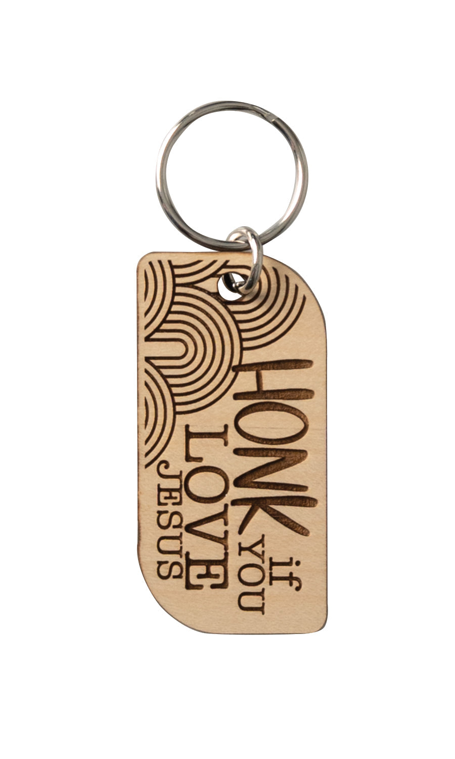 Natural maple wood keychains have a laser-cut shape and laser-engraved Honk if You Love Jesus inspirational verse.