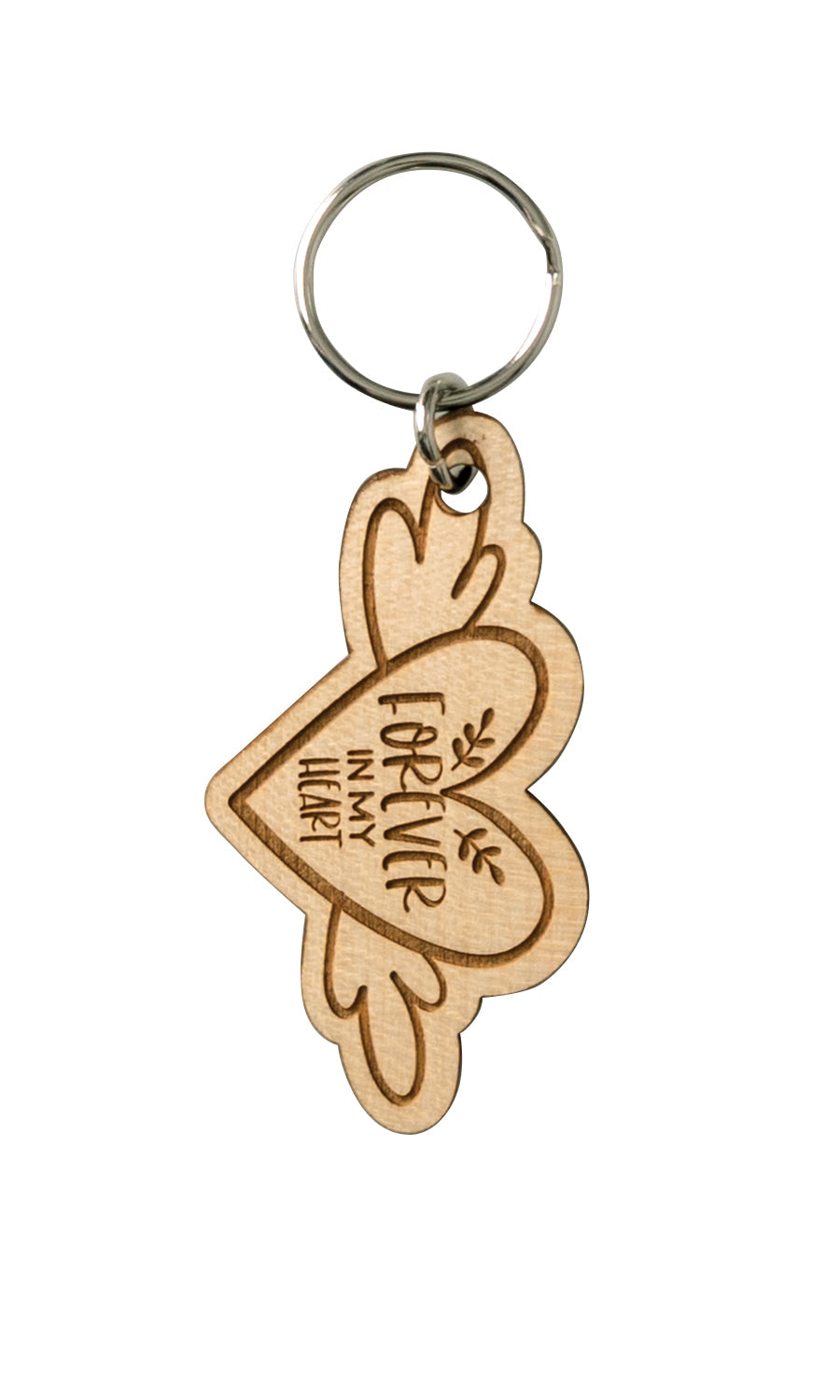 Natural maple wood keychains have a laser-cut shape and laser-engraved Forever in My Heart inspirational verse.