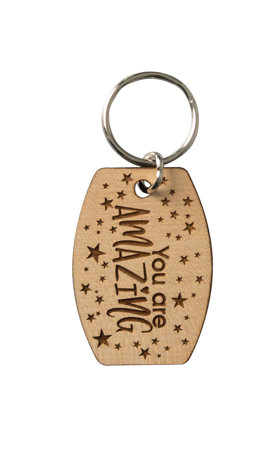 Natural maple wood keychains have a laser-cut shape and laser-engraved You Are Amazing inspirational verse.