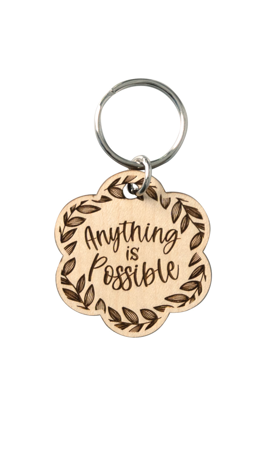 Natural maple wood keychains have a laser-cut shape and laser-engraved Anything is Possible inspirational verse.