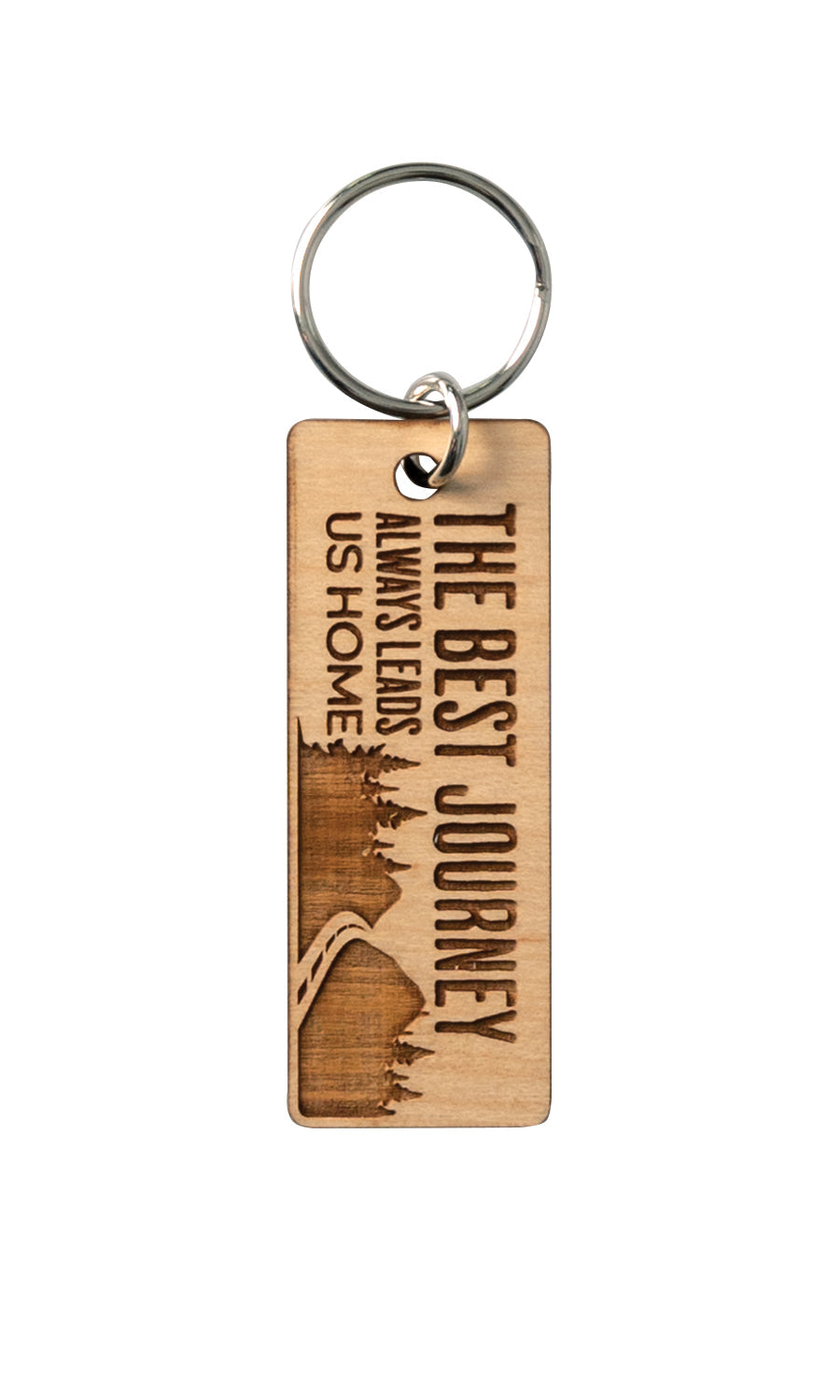 Natural maple wood keychains have a laser-cut shape and laser-engraved The Best Journey inspirational verse.