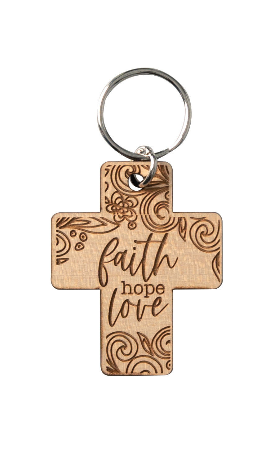 Natural maple wood keychains have a laser-cut shape and laser-engraved Faith Hope Love inspirational verse.