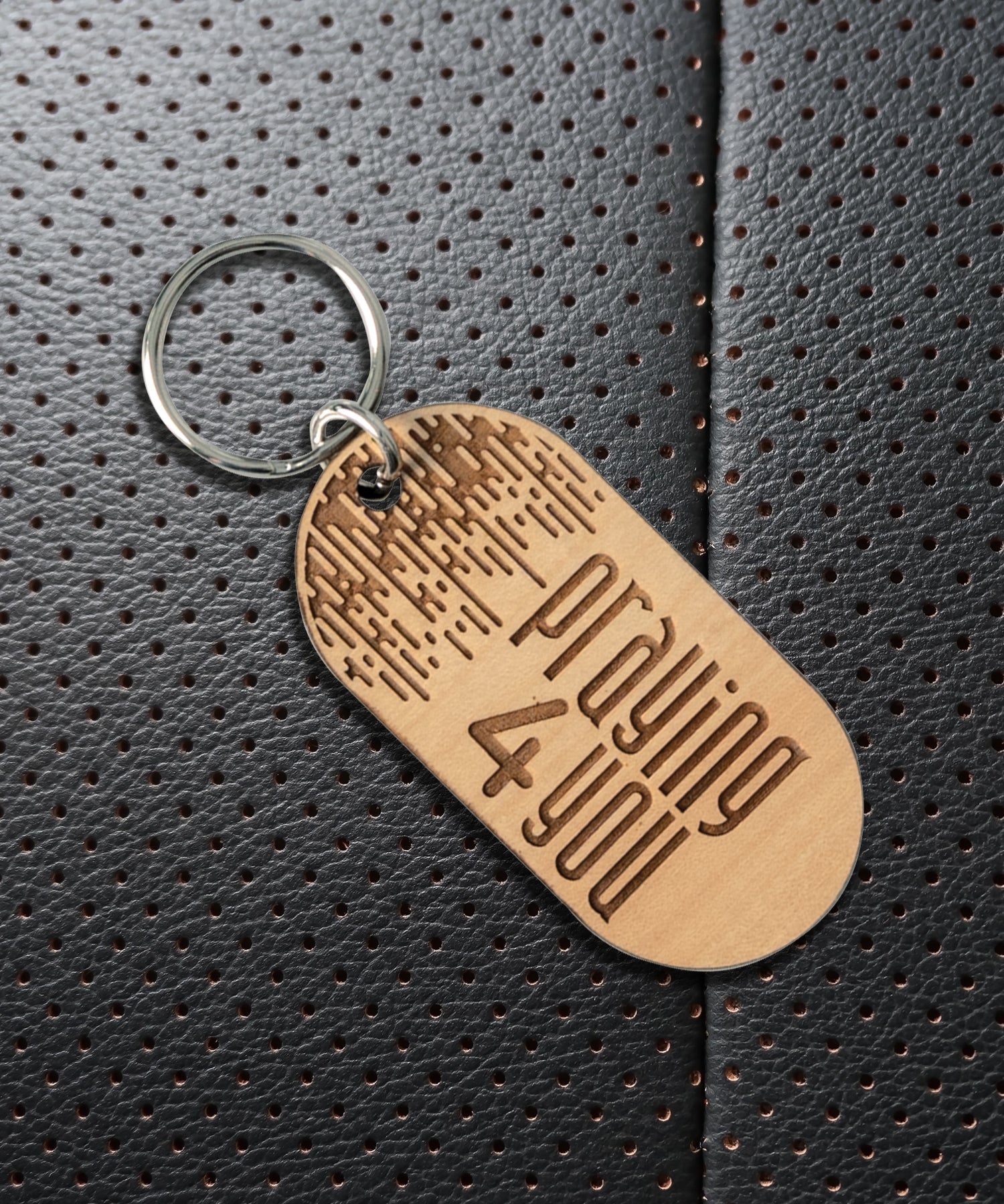 Natural maple wood keychains have a laser-cut shape and laser-engraved Praying 4 You inspirational verse.