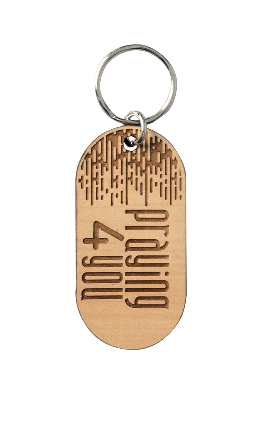 Natural maple wood keychains have a laser-cut shape and laser-engraved Praying 4 You inspirational verse.