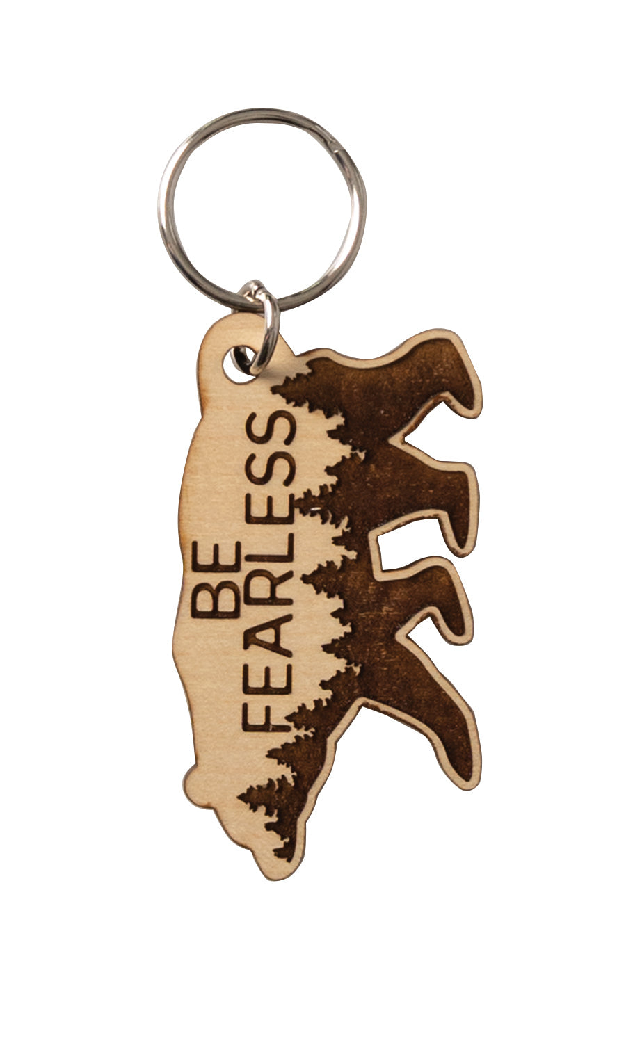 Natural maple wood keychains have a laser-cut shape and laser-engraved Be Fearless inspirational verse.