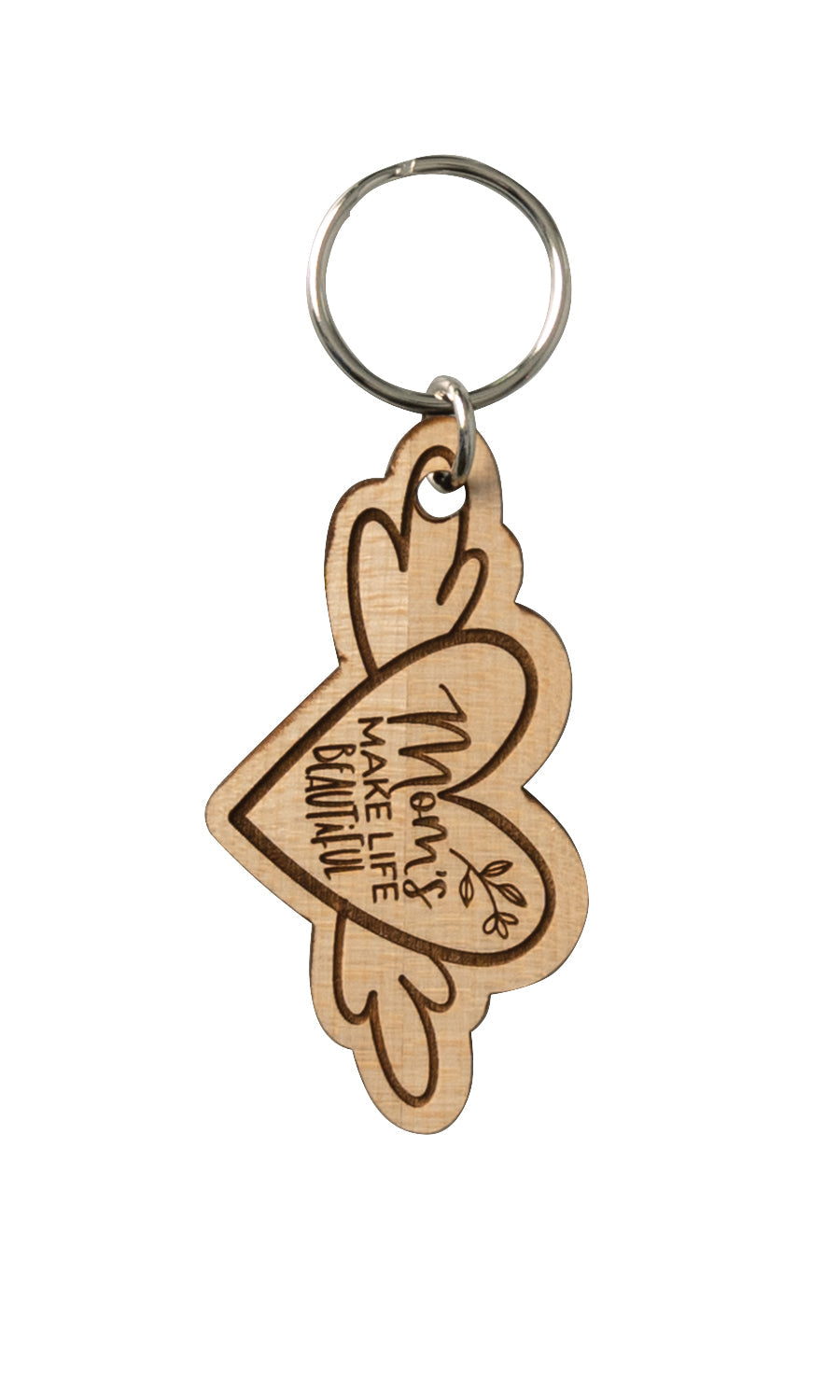 Natural maple wood keychains have a laser-cut shape and laser-engraved Mom's Make Life inspirational verse.
