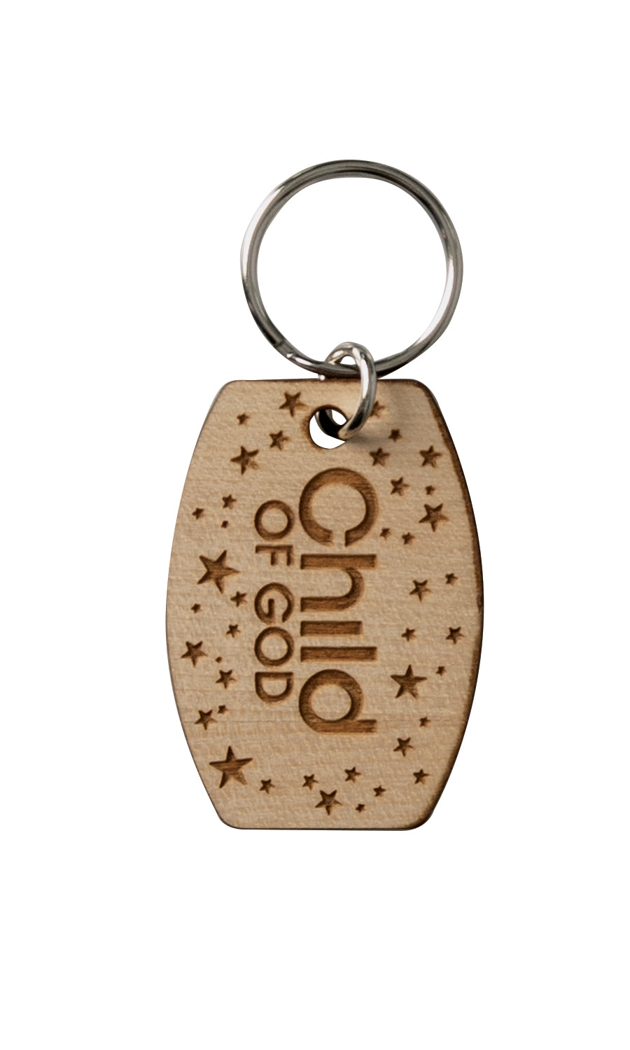 Natural maple wood keychains have a laser-cut shape and laser-engraved Child of God inspirational verse.