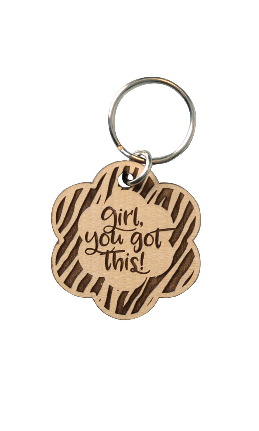 Natural maple wood keychains have a laser-cut shape and laser-engraved Girl, You Got This verse.