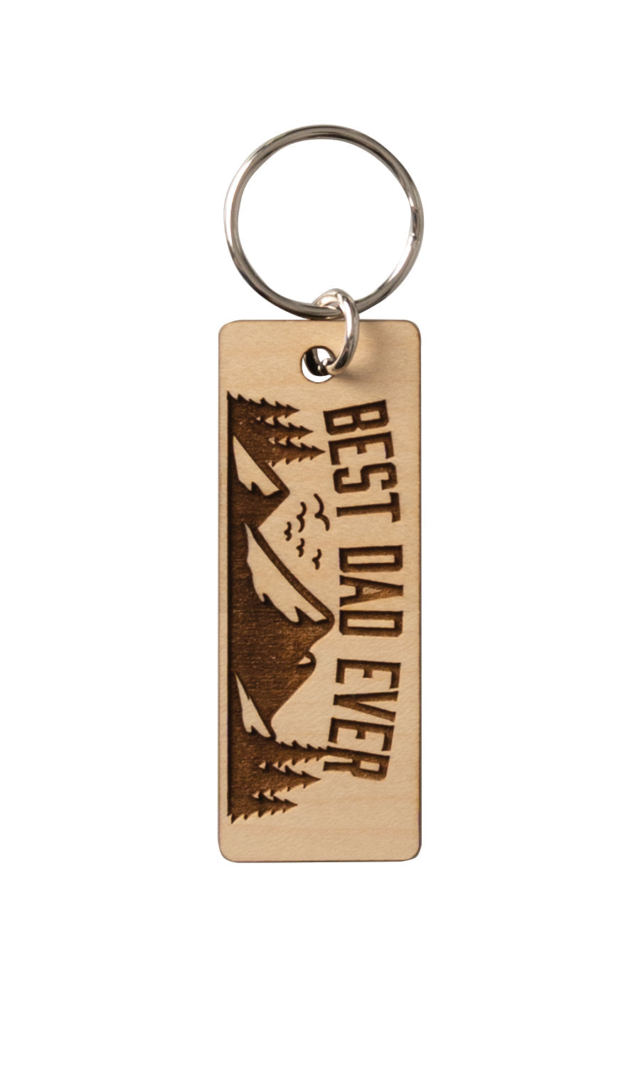Natural maple wood keychains have a laser-cut shape and laser-engraved Best Dad Ever verse.