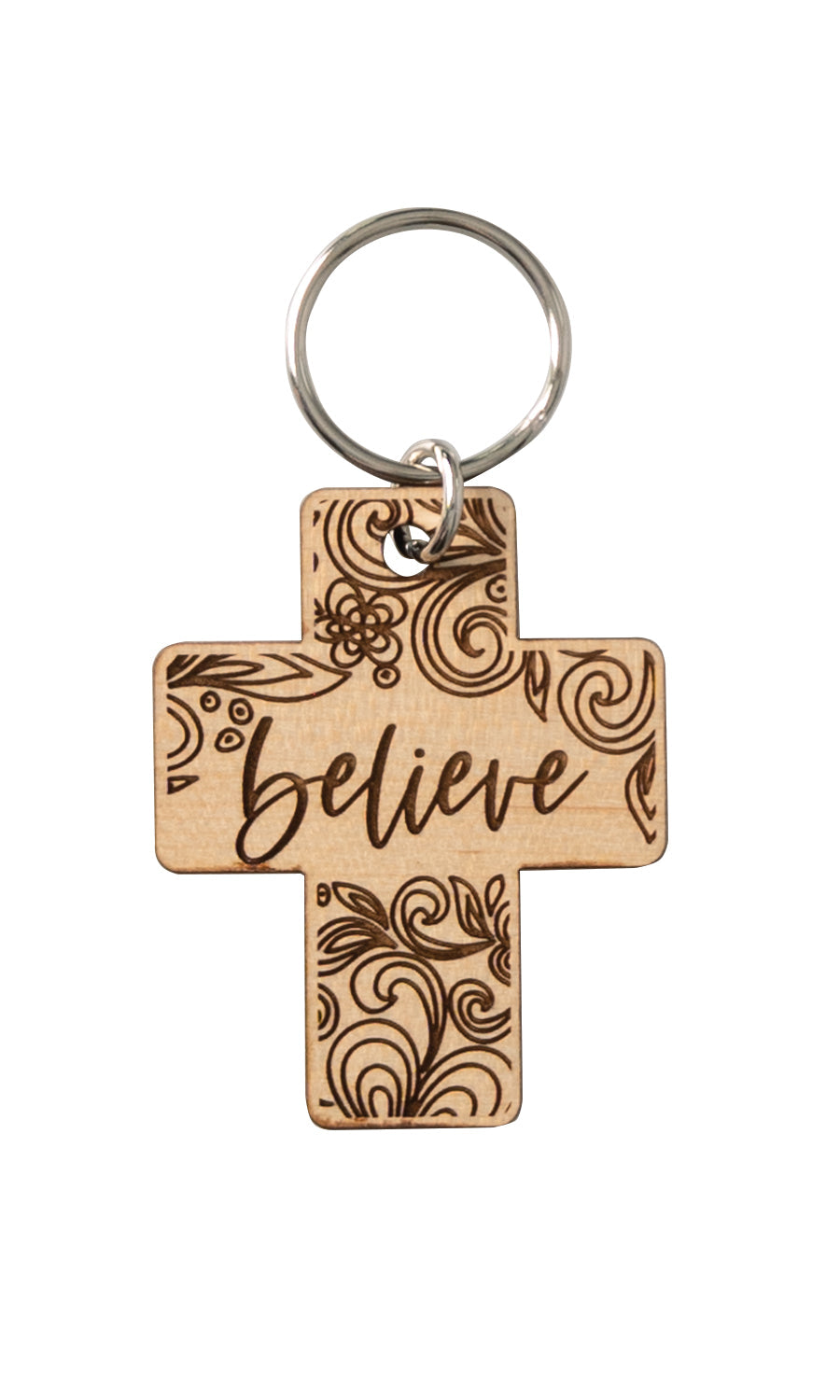 Natural maple wood keychains have a laser-cut shape and laser-engraved Believe verse.