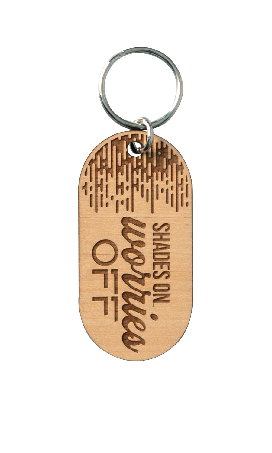 Natural maple wood keychains have a laser-cut shape and laser-engraved Shades On Worries Off verse.