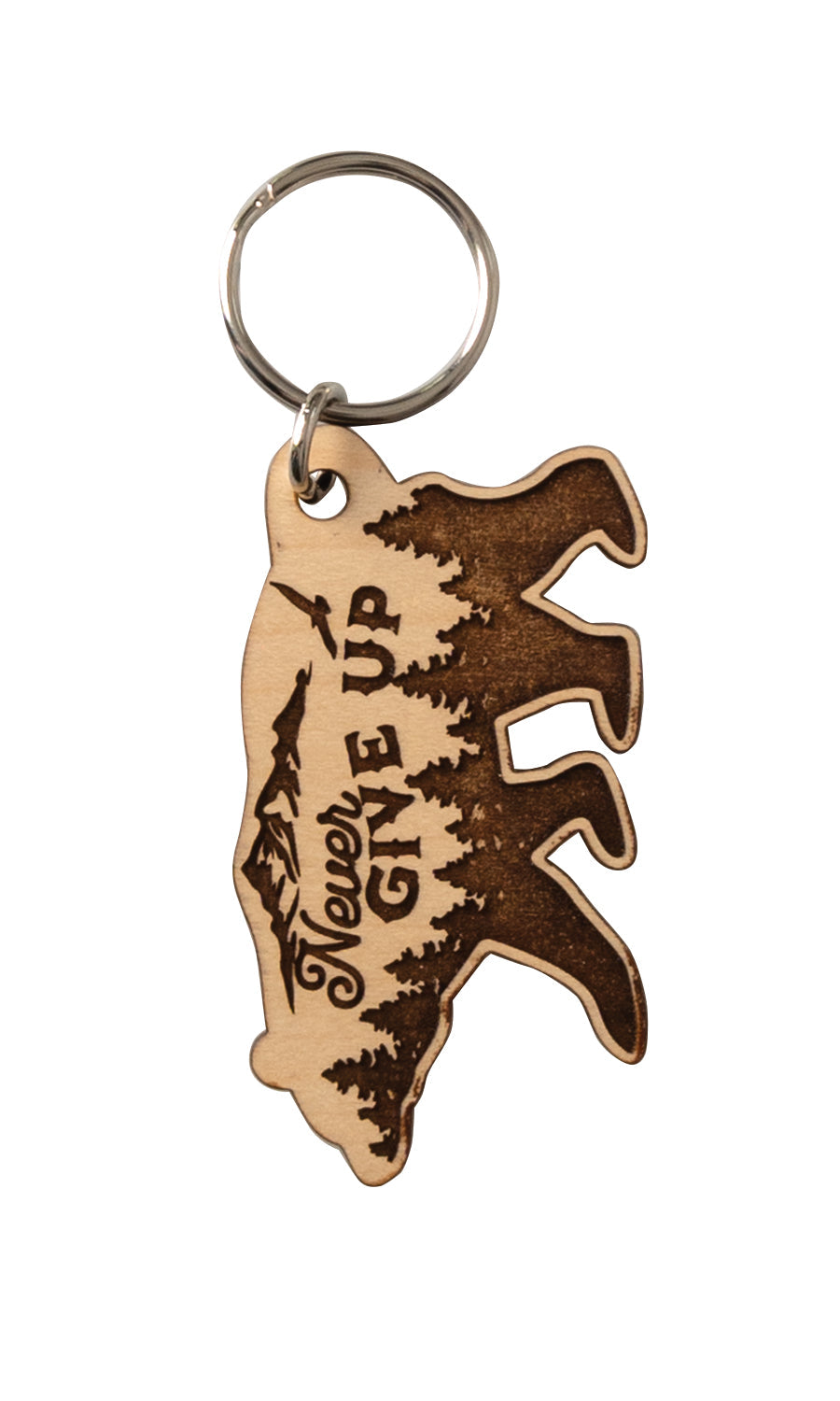 Natural maple wood keychains have a laser-cut shape and laser-engraved Never Give Up verse.