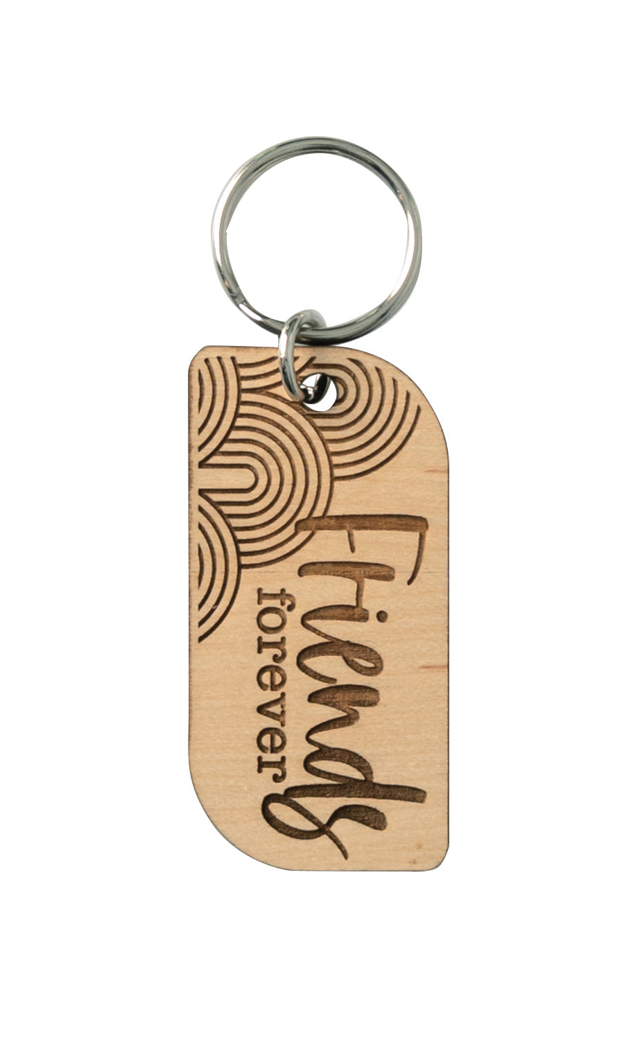 Natural maple wood keychains have a laser-cut shape and laser-engraved Friends Forever verse.
