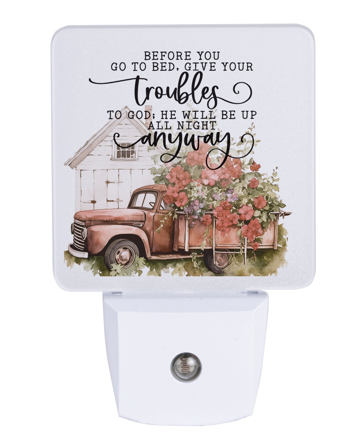 Before You Go to Bed LED Nightlight features a truck with flowers that are perfect for any décor.