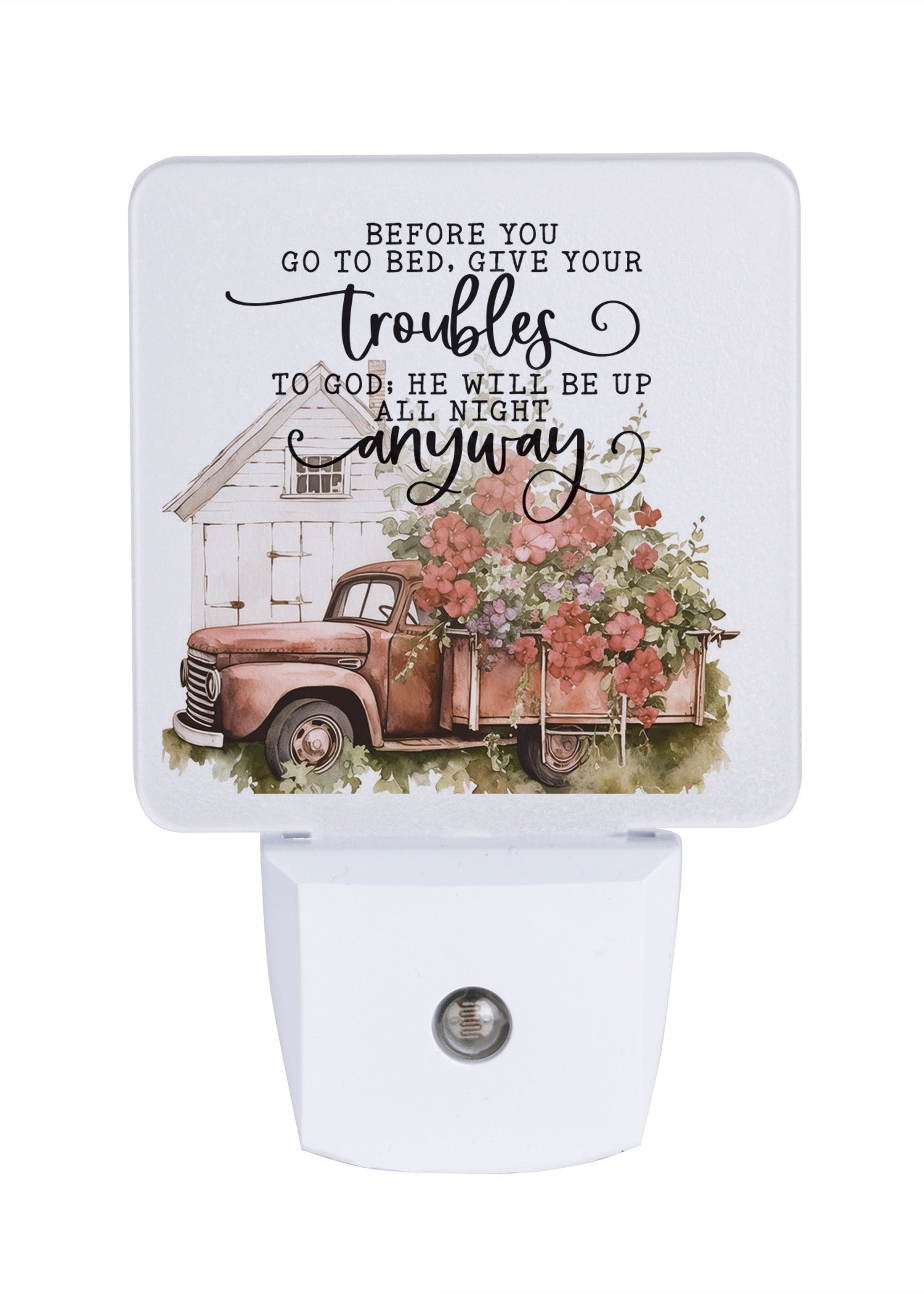 Before You Go to Bed LED Nightlight features a truck with flowers that are perfect for any décor.