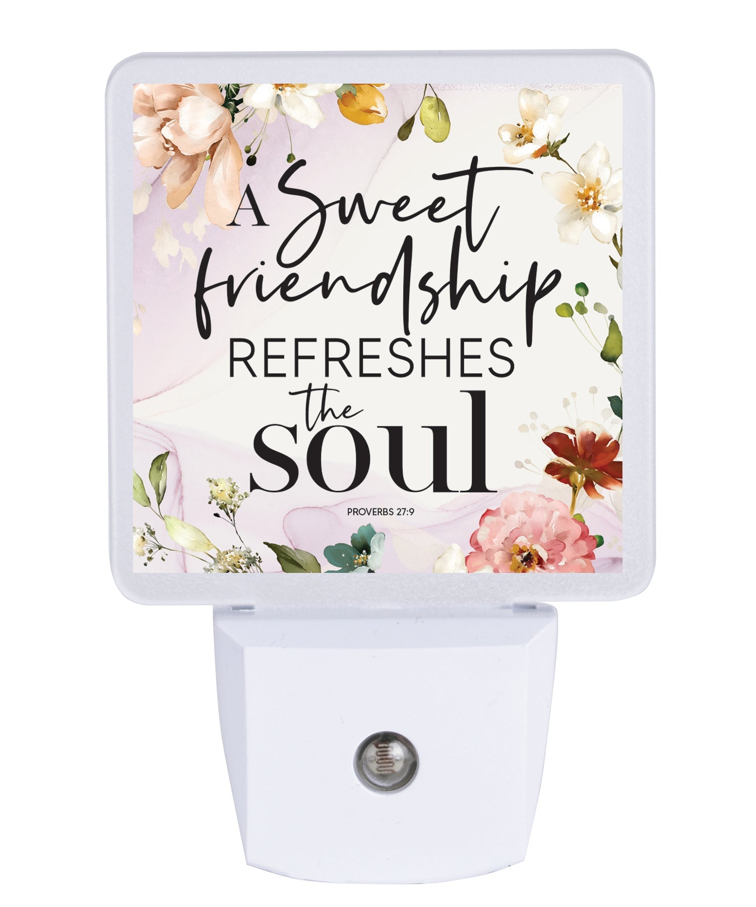 A Sweet Friendship LED nightlight with inspirational Bible verse Proverbs 27:9, soft glow, auto-on LED design