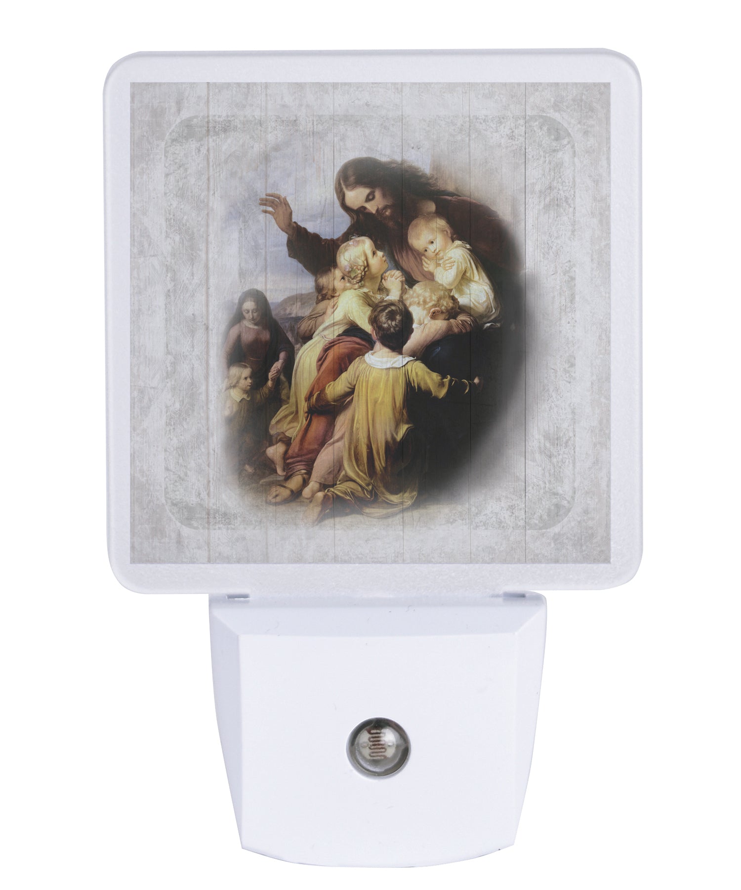 LED nightlight featuring Jesus holding children, perfect for any décor.