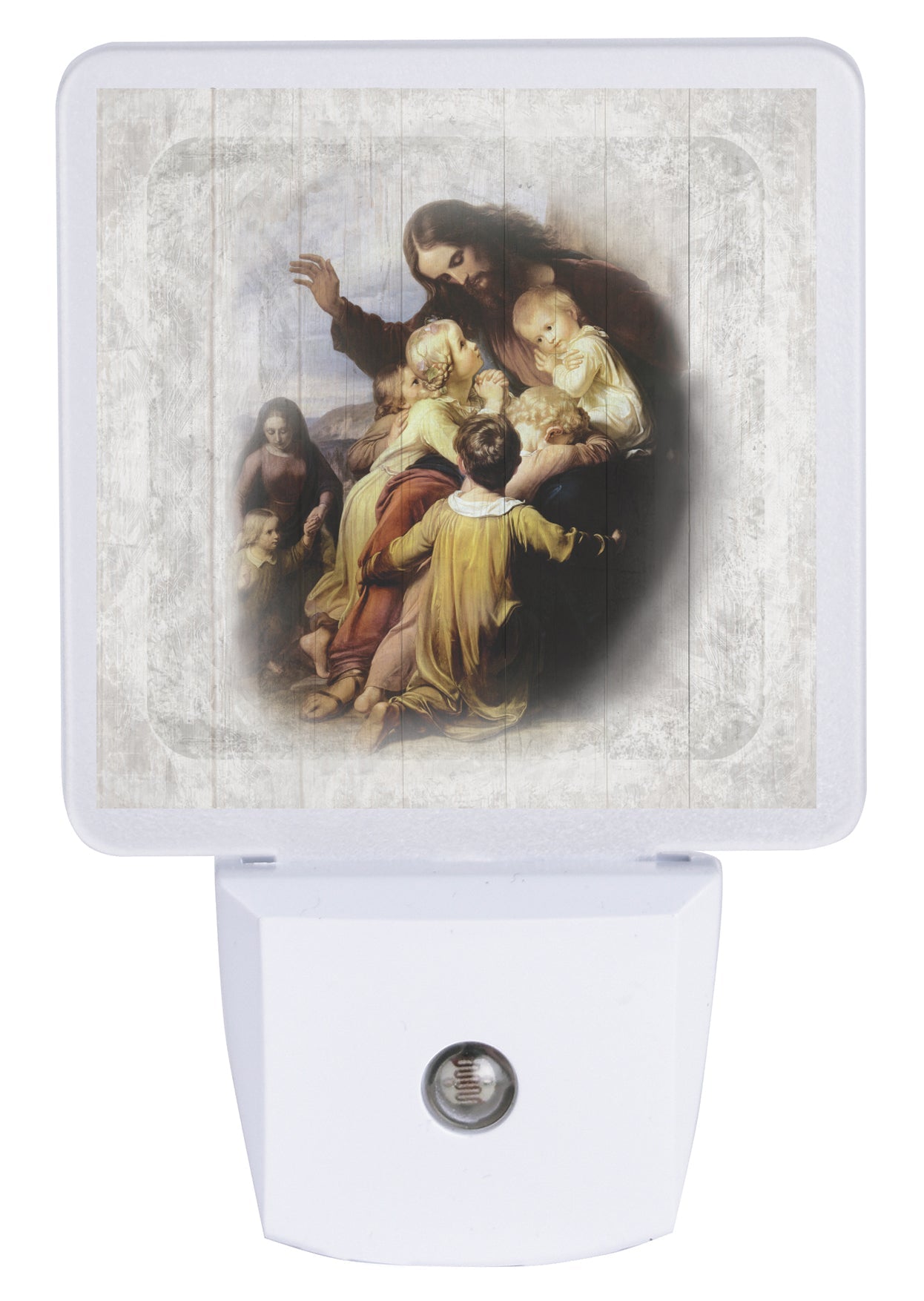 LED nightlight featuring Jesus holding children, perfect for any décor.